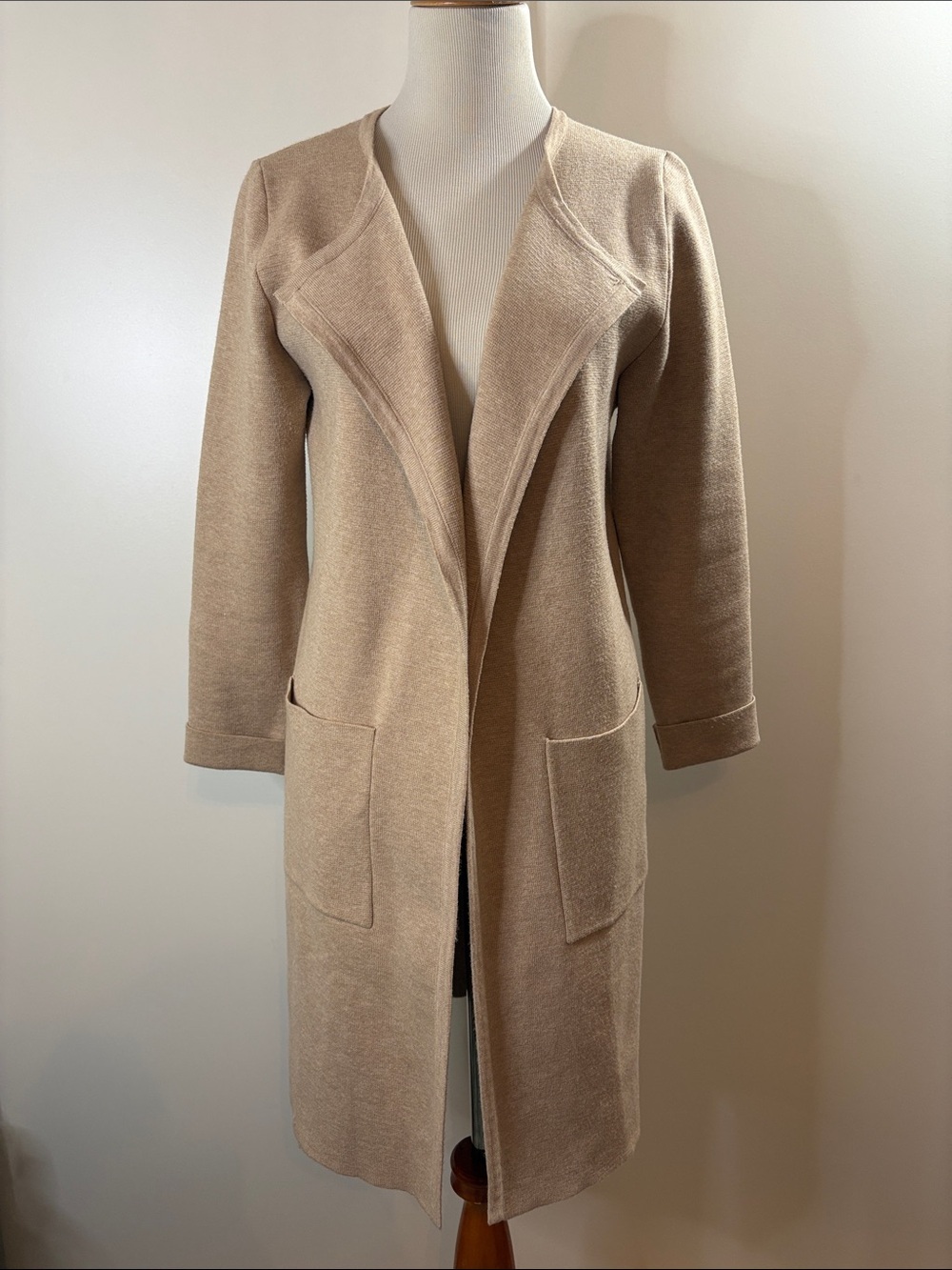 Long Open-Front Beige Knit Cardigan Coat M